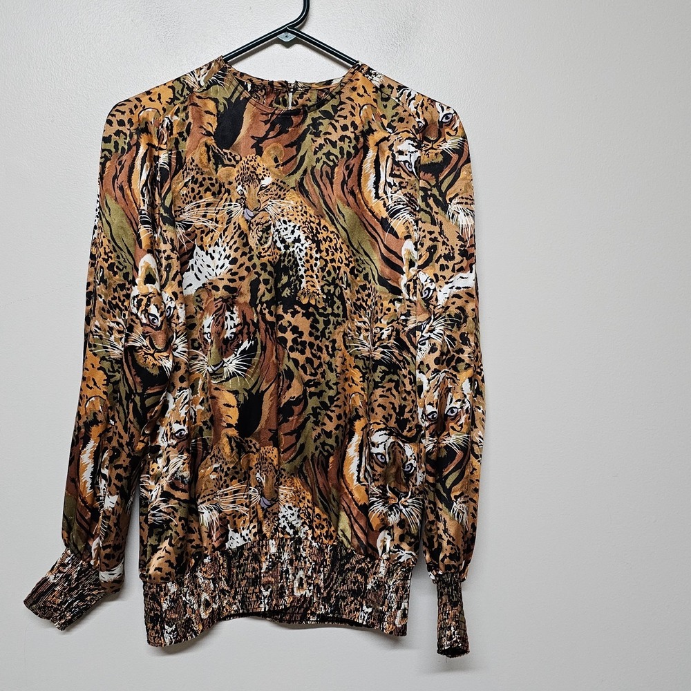 Vintage Jerri Sherman 100% Silk Tiger Leopard Print Blouse Size 10 Smocked Waist